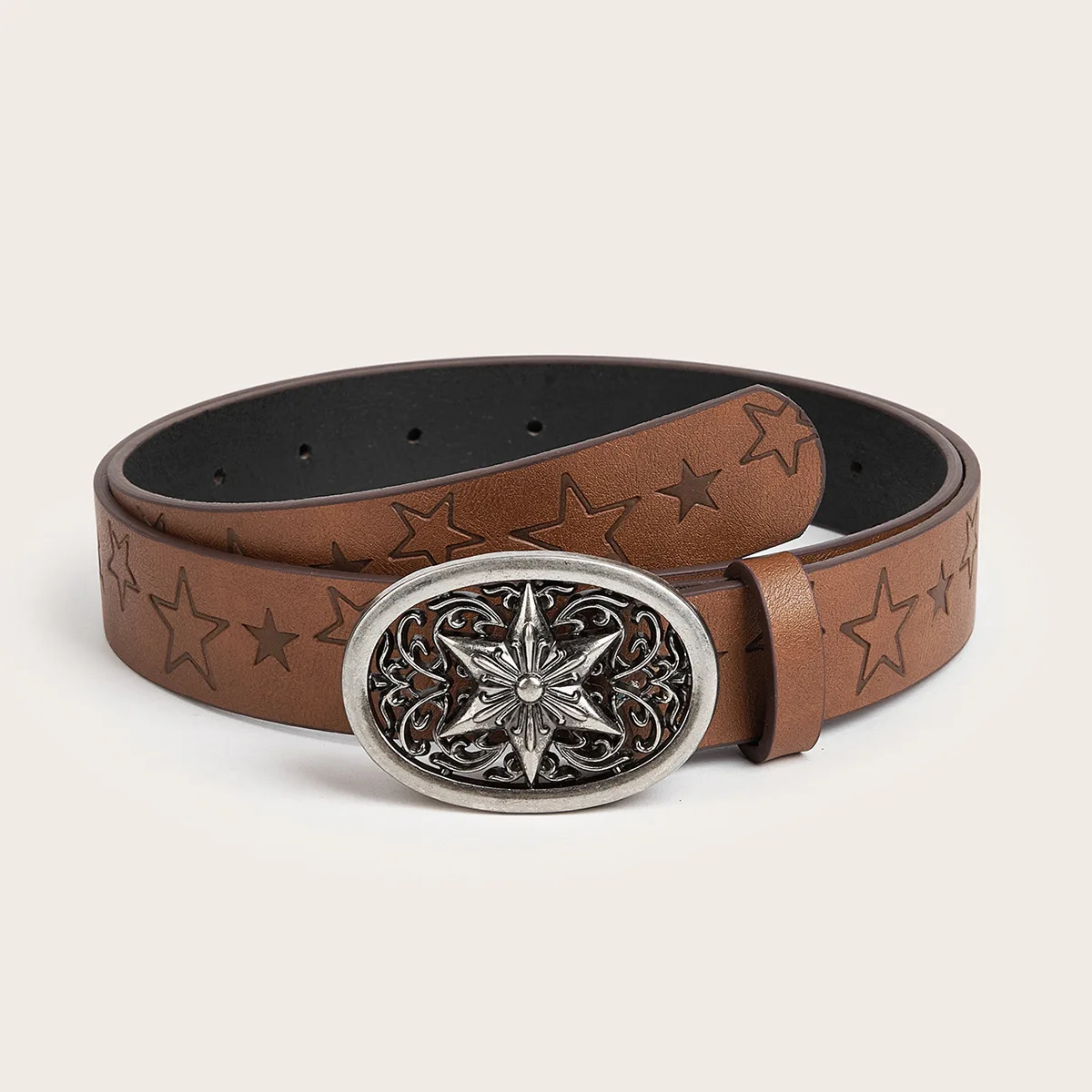 

European American Style Spicy Girl Daily Brown Belt Texture Star Button Belt Star Print Pattern Y2k Belt for Women Accessories