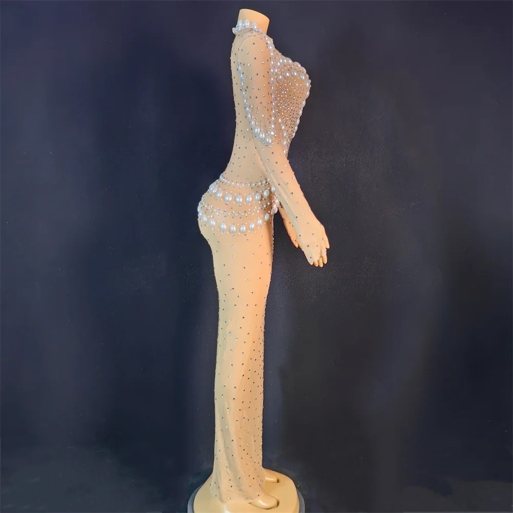 진주 럭셔리 생일 드레스 여성 고고 댄서 의상 가수 호스트 무대 착용 긴 소매 슬림 롱 드레스 반짝이 의상 yj591