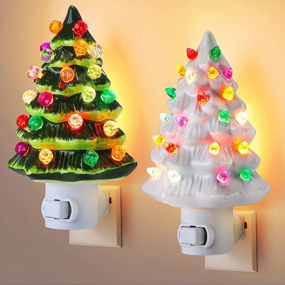 Christmas Tree LED Night Light Ceramic Decorations Vintage Green Xmas Tree US Plug In Night Lamp Hand Painted Nightlight