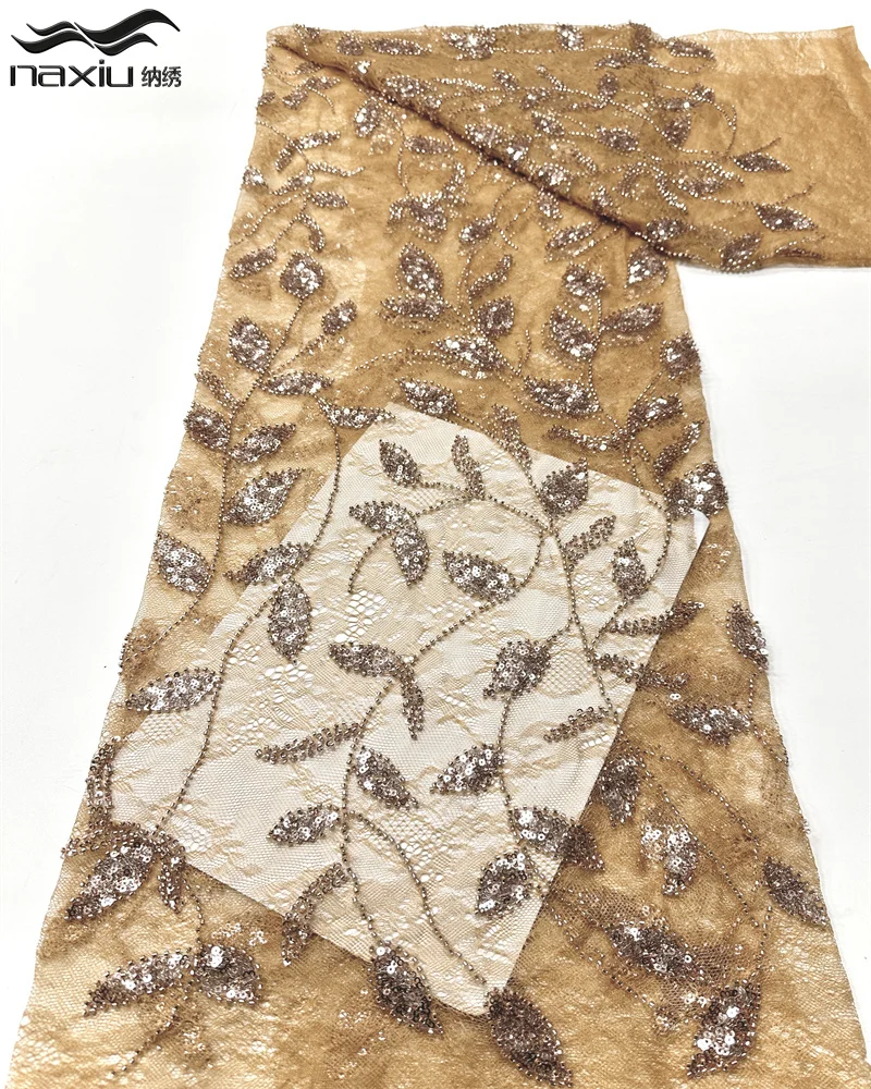 

Роскошная французская 3D мягкая кружевная ткань Madison Gold, африканская нигерийская кружевная ткань с вышивкой бисером и блестками для свадебного платья