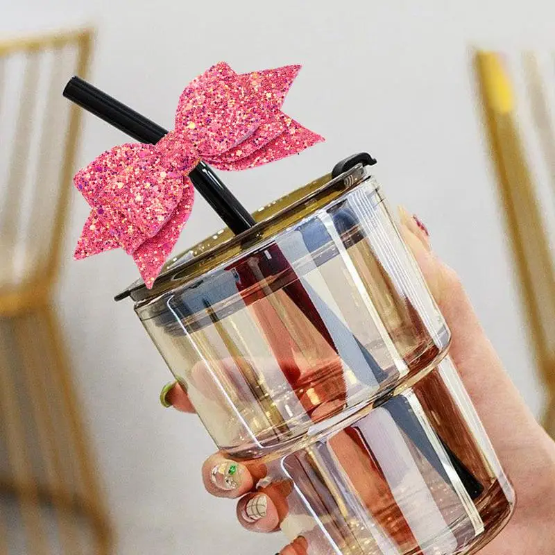 Glitter Straw Topper Bow Ties And Sequin Straw Topper Reusable Cup Accessories For Women Girls Ladies Children Adults For Most