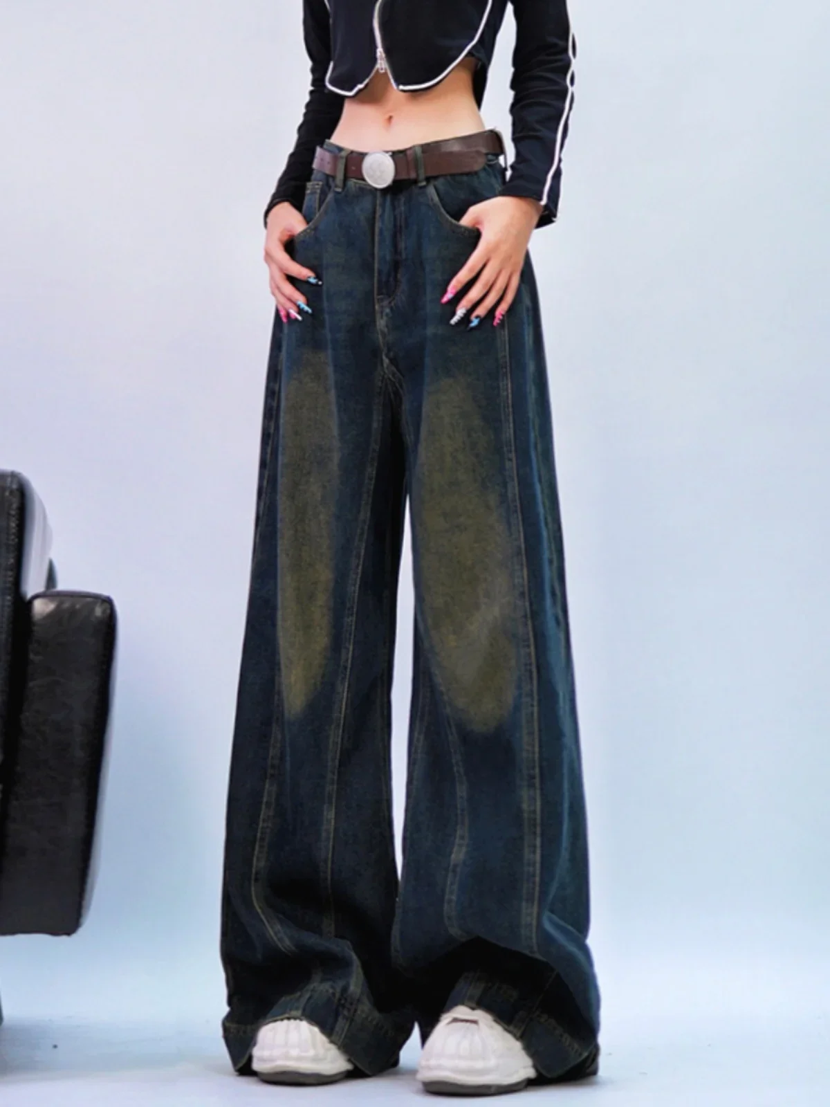 Retro old straight jeans women's niche high street loose and thin washed wide-leg floor-mopping trousers