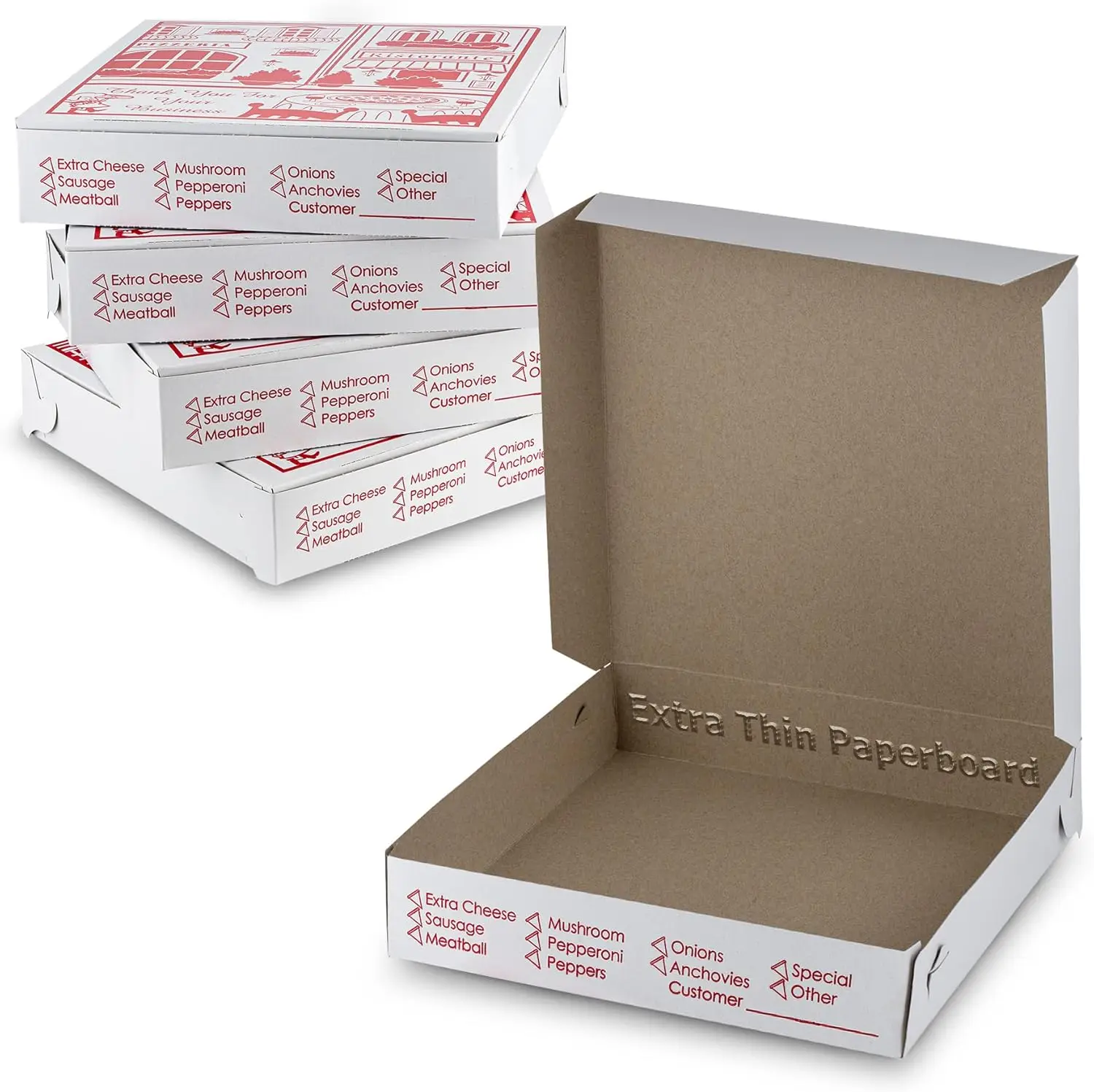 12x12x2 Pizza Boxes - Pack of 10, Thin Design, Durable Clay Coated Cardboard, Made in USA