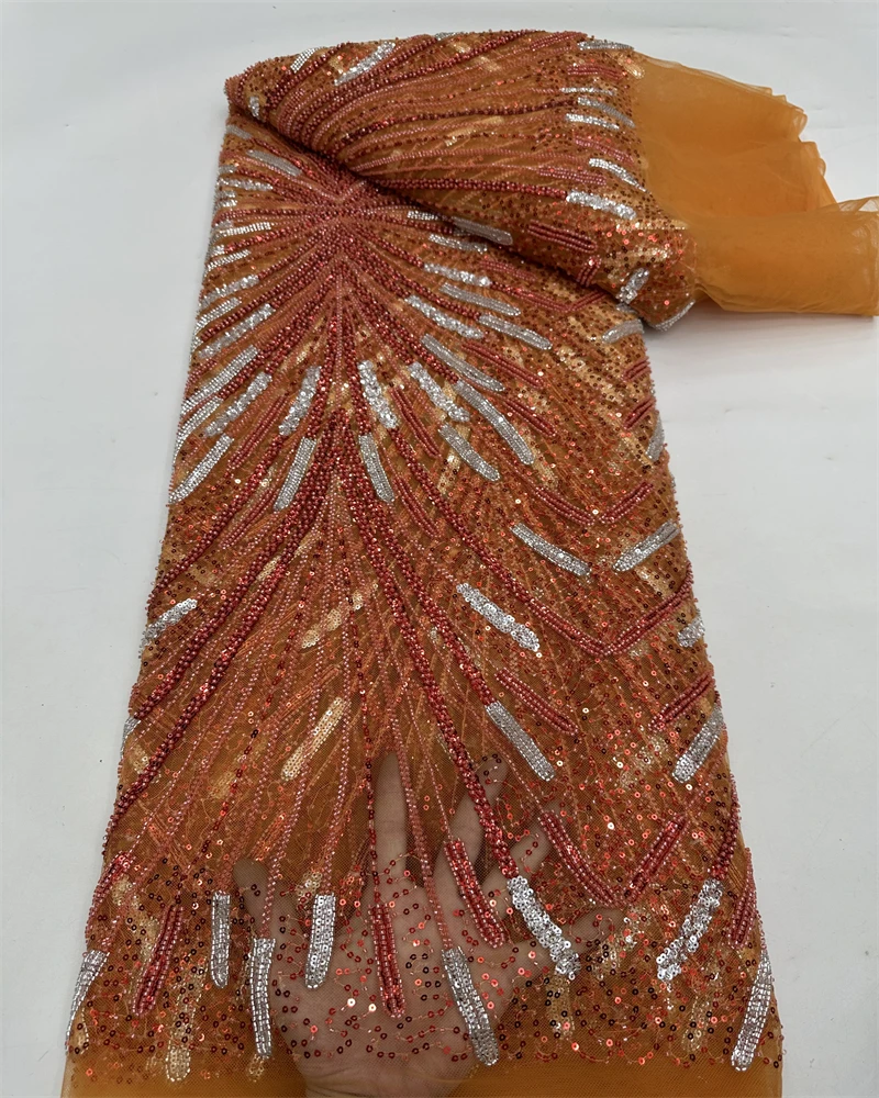

French African 3D Lace Fabric 2025 With Beaded High Quality Embroidery For Women Wedding Dress Nigerian Lace Mesh Fabric 5 Yards