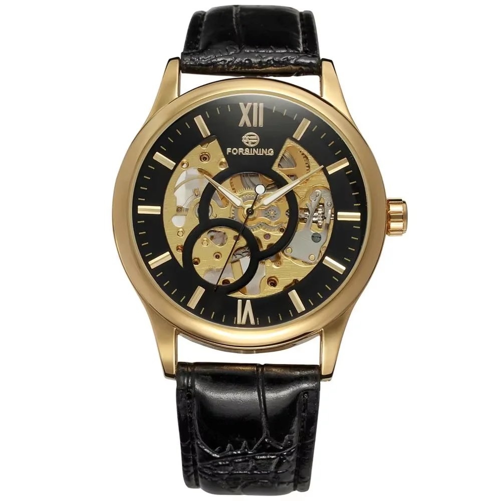 FORSINING  Fashion trend men's and women's watches casual leather strap watches automatic mechanical wrist watches