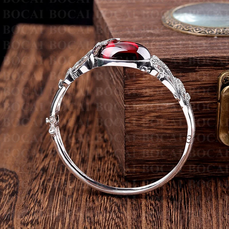 BOCAI Sterling Silver S925 Bangles for Women New  Fashion Hollow Eternal Rattan Yellow Chalcedony Garnet Bracelets Wholesale