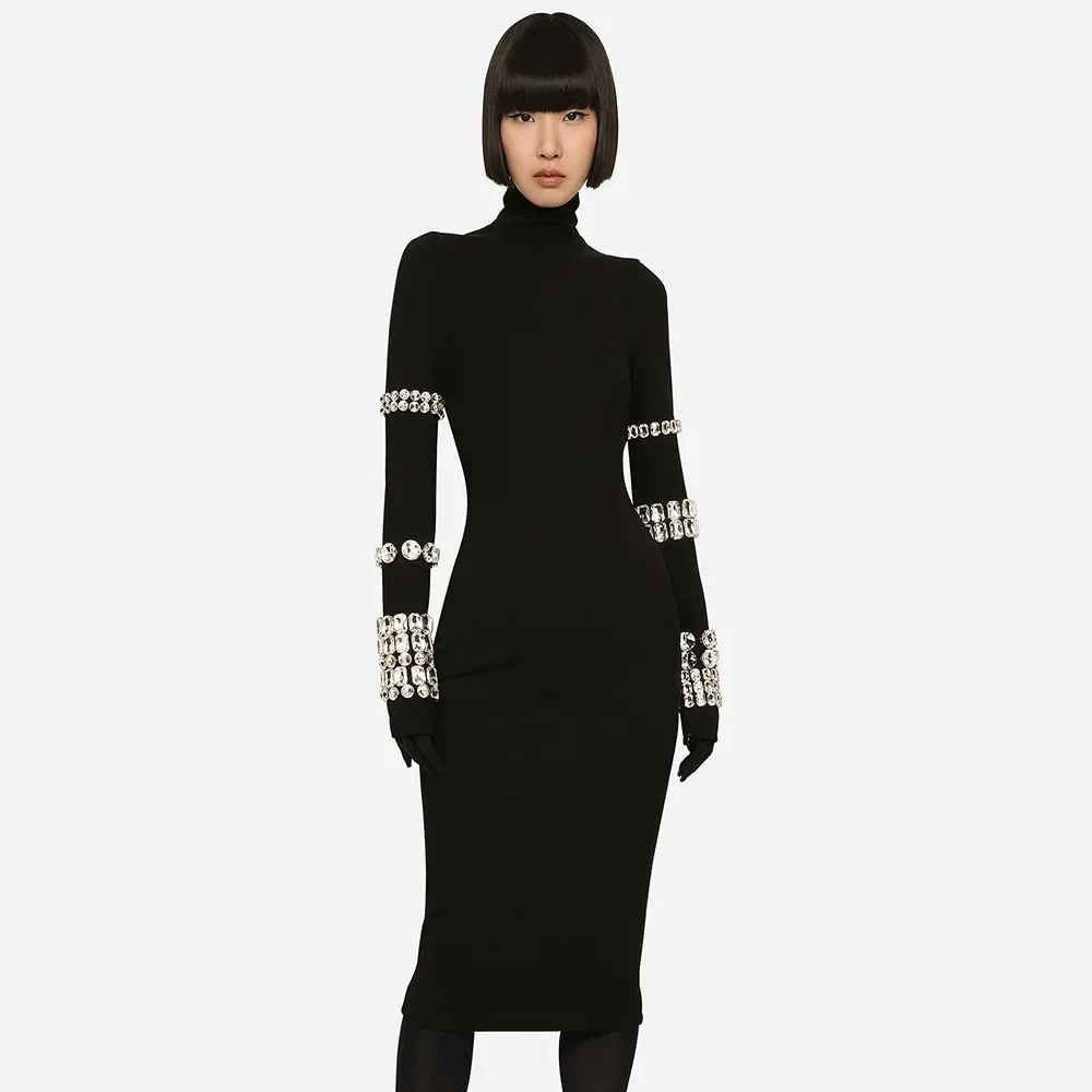 

Black Heavy Industry Diamond-encrusted Long-sleeved High-neck Lace-up Dress for High-end Slim-fit Knitwear Autumn and Winter