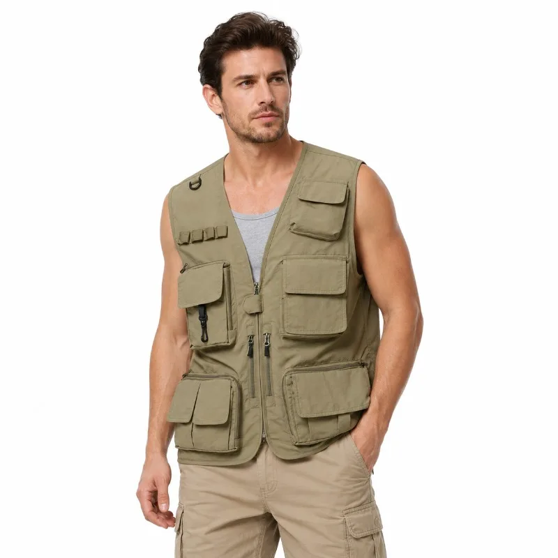 

Men Summer Sleeveless Vest Lightweight Breathable Mesh Hole Multi Pocket Outdoor Travel Fishing Work Waistcoat for Men