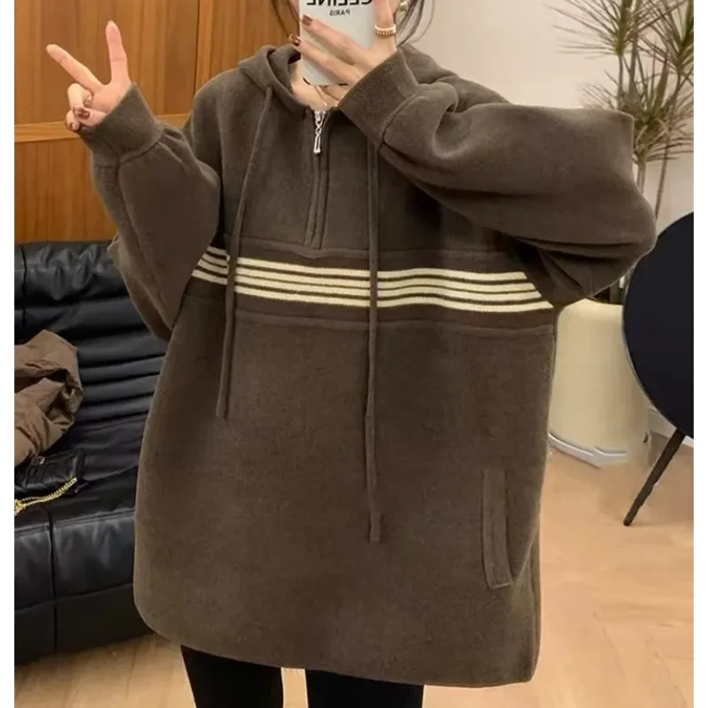 

Korean Style Casual Half Zip Color Block Hooded Sweatshirt Autumn Winter New Lazy Style Loose Long Sleeve Jacket Top