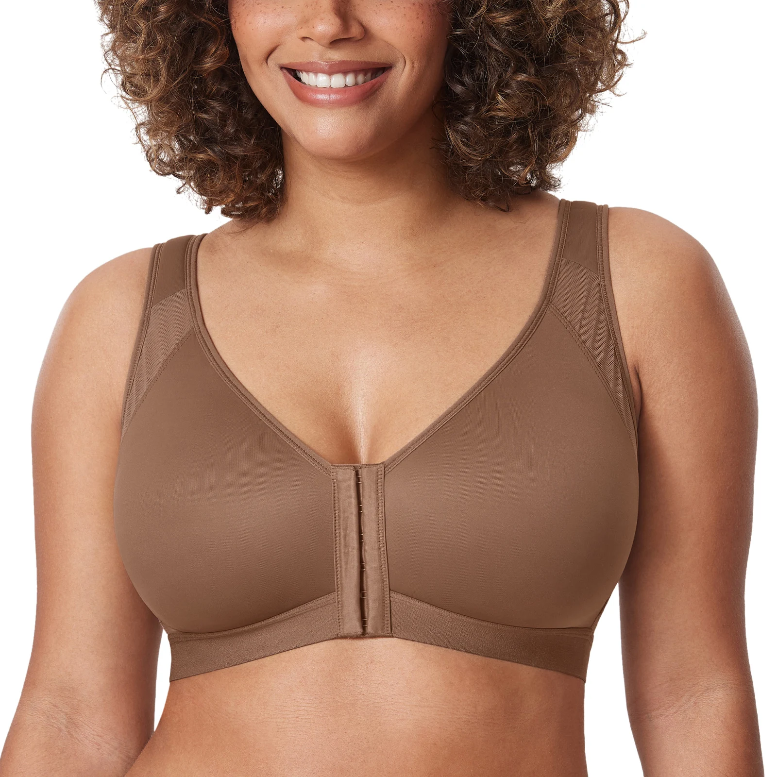 DELIMIRA Women's Full Coverage Front Closure Wire Free Back Support Posture Bra D DD E F G