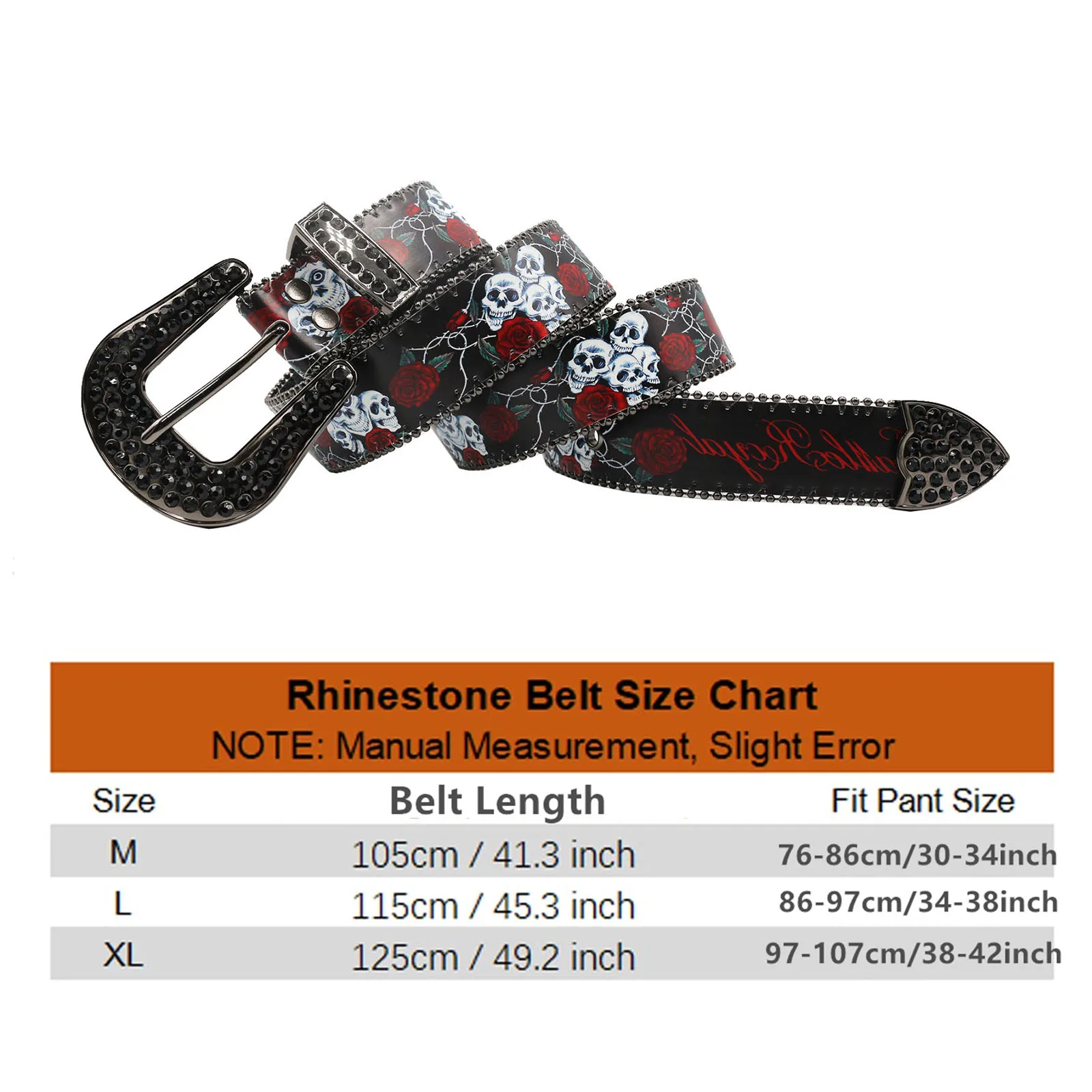 Nice Brand Three Skull Flower printing Rhinestone Belt For Men Women, Western Hip-hop Punk Style Belt For Jeans