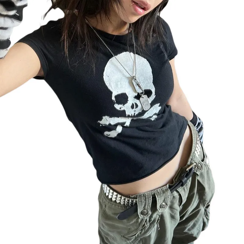 Women y2k Crop Tops Summer Goth Grunge 2000s Trashy Aesthetic Short Sleeve Tees Clothes T shirts Young Girls Streetwear