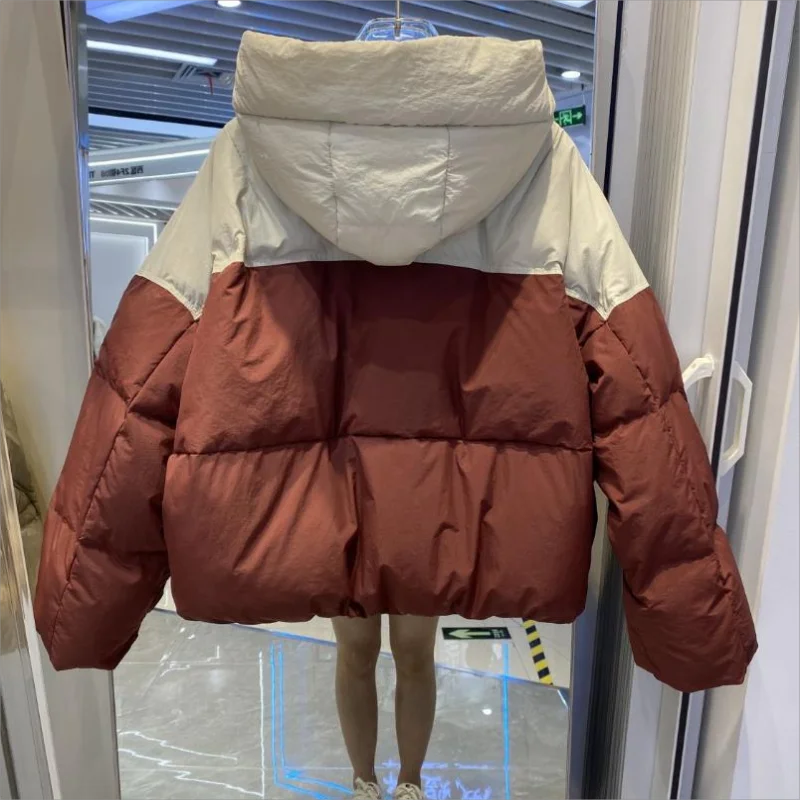 Fashion Down Cotton-padded Jacket Women Winter New Color Matching Loose Outerwear Casual Hooded Thicken Keep Warm Parkas Coat