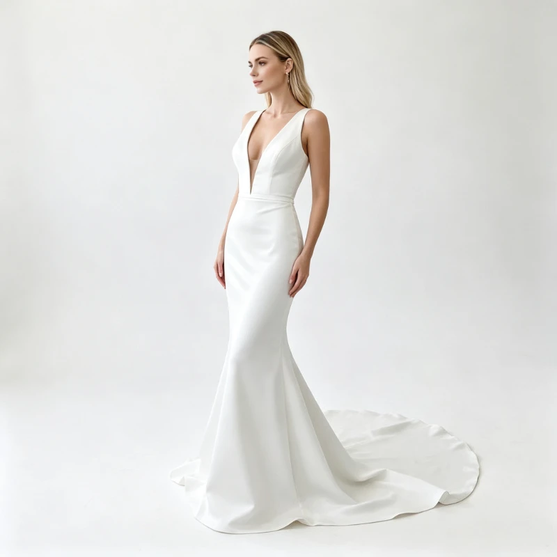 Customized Exquisite Deep V-Neckline Sleeveless Mermaid Wedding Dresses High Quality Open Back Draped Floor Length Bridal Gowns