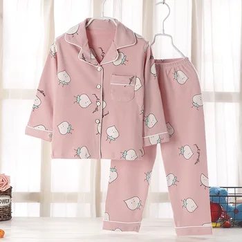 Children's Spring Soft Cotton Pajamas Set Boys Girls Cute Cartoon Print Long Sleeve Lapel Sleepwear Baby Casual Loose Nightwear 3