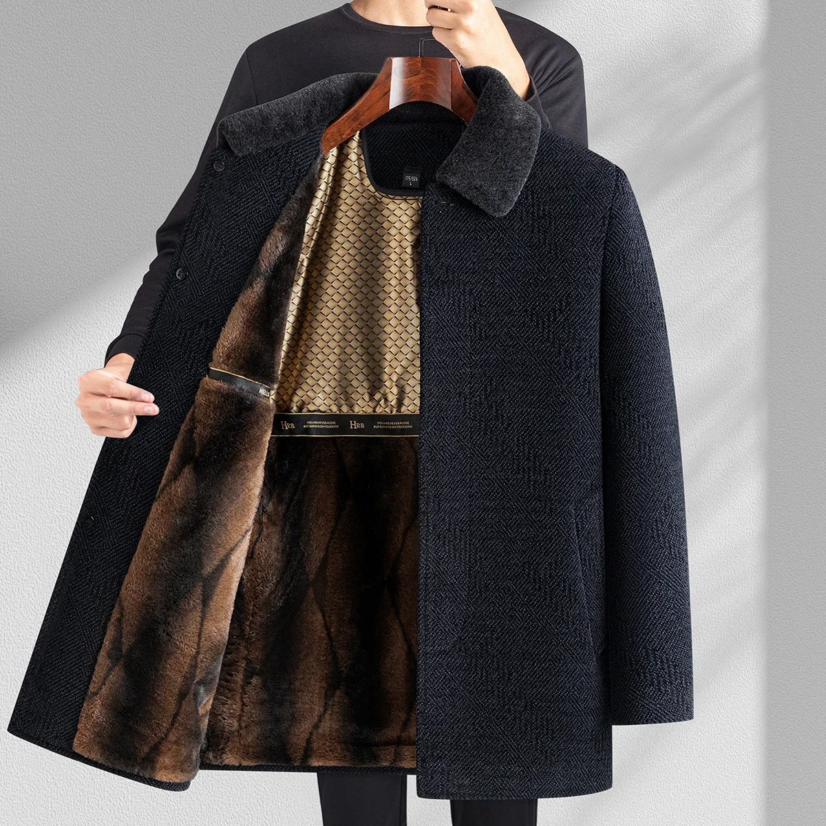 YEAE Tweed Medium-length Fur Collar Detachable Mink Winter Coat Graphene Heating Thick Warm Cotton Casual Costume Coat Man Jack