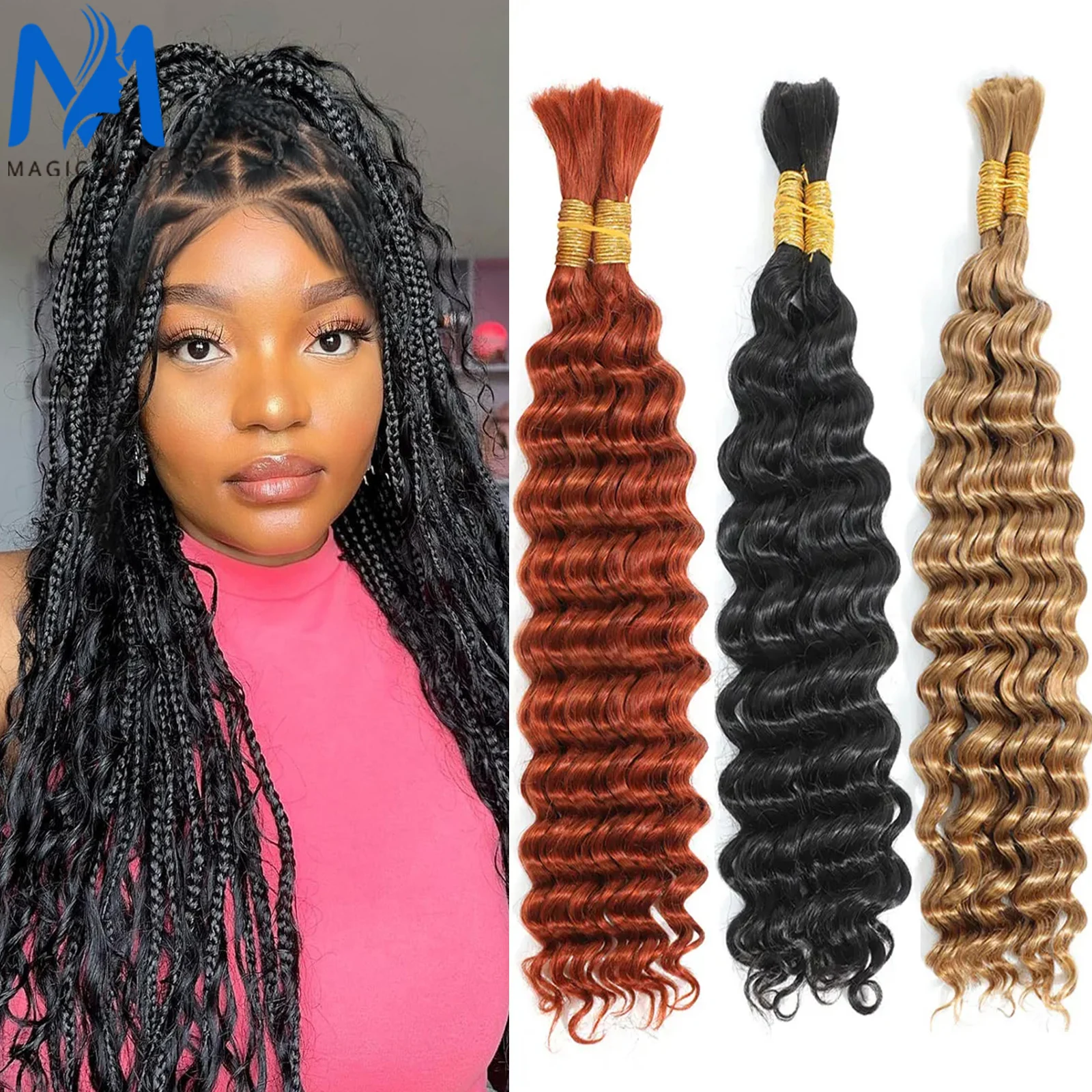 Colored Human Hair Bulk Deep Wave Human Hair for Braiding 100% Unprocessed No Weft Deep Curly Vingin Hair Bulk Extensions