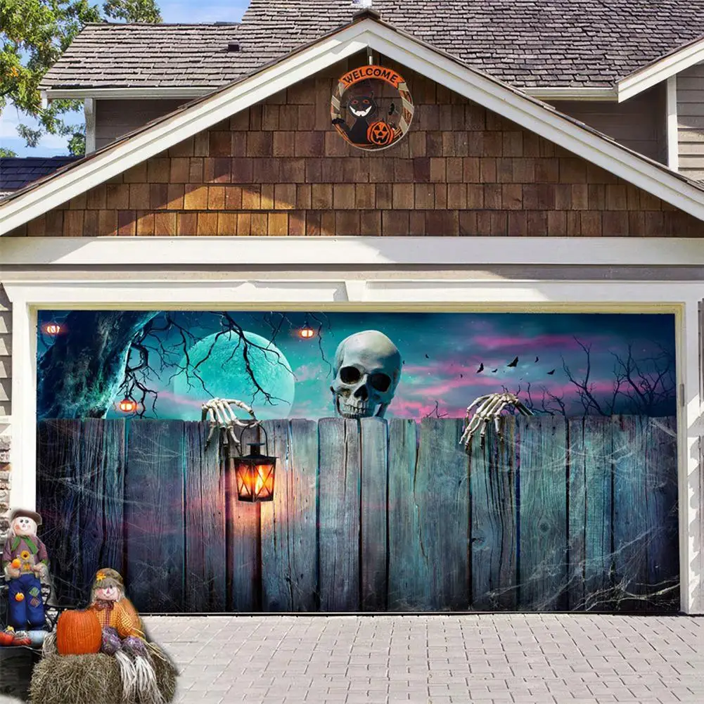 Halloween Garage Door Cover Halloween Witch Haunted House Garage Door Tapestry Set with Installation Package Spooky for Pumpkin