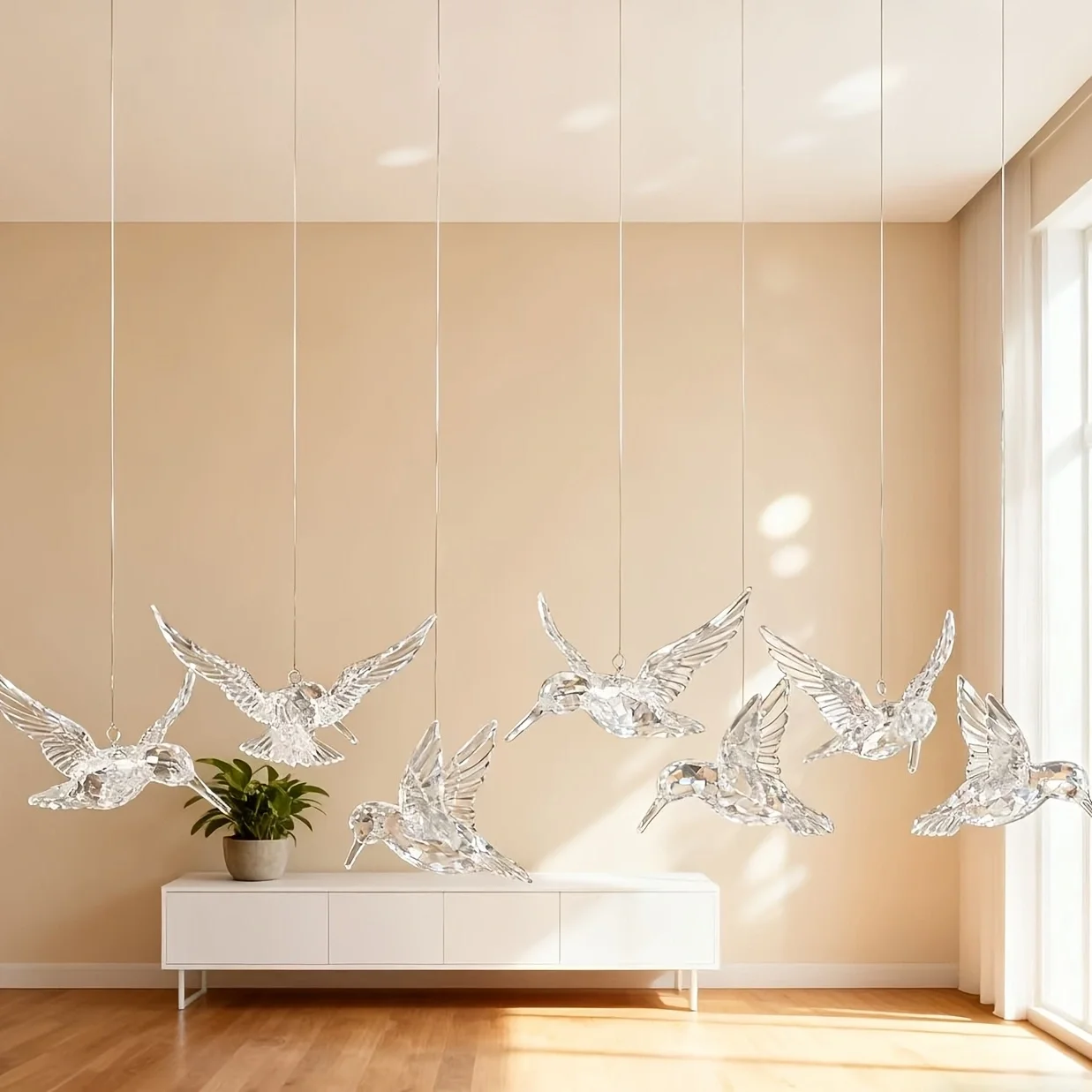 Set of 10/12 exquisite transparent acrylic hummingbirds; requires no power source; perfect for home decoration; comes with cords