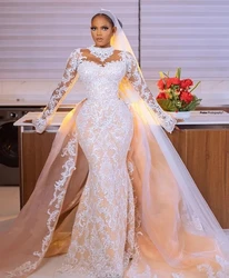 Champagne africano vestidos de casamento sereia mangas compridas tule renda aso ebi feminino vestidos de noiva para meninas negras personalizado