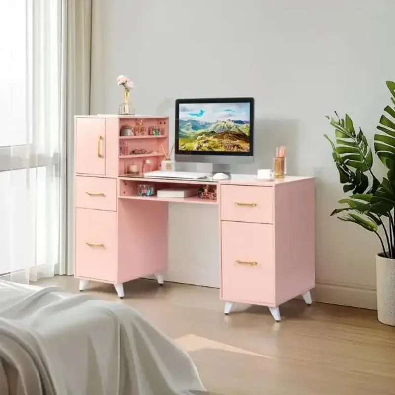 Pink Relief Manicure Table with Shelves, Glass Top Nail Table Station w/Storage Drawers, Cabinet, Nail Tech Table