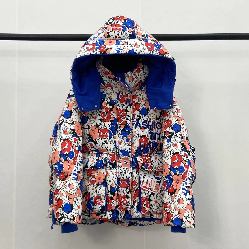 European Station Color Patchwork Printed Down Jacket Female Short 2023 Winter New Hooded Thick White Duck Down Ladies Coat Tide