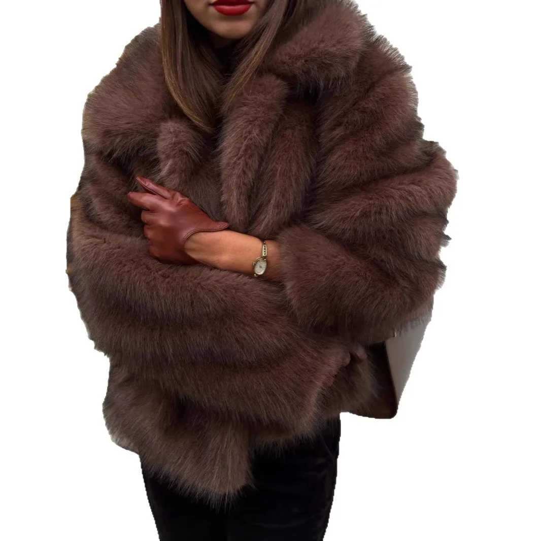 Stylowy zimowy płaszcz damski z futra norek, krótki, z gradientem, ze sztucznym kołnierzem, kurtka ze sztucznego futra dla kobiet, uniwersalny płaszcz damski ze sztucznego futra.