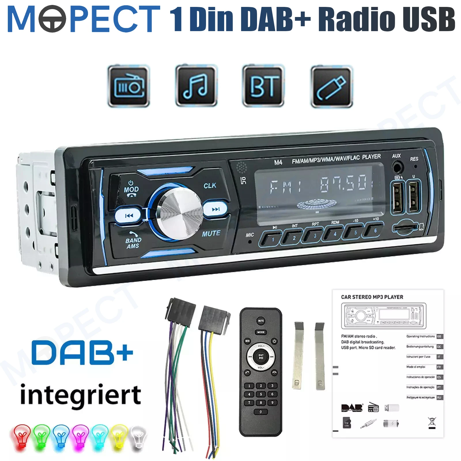 MOPECT DAB+ Autoradio MP3-Player Single 1 DIN USB/TF/AUX-IN/FM/AM 7-Farben-Haupteinheit RDS Bluetooth Freisprechanlage