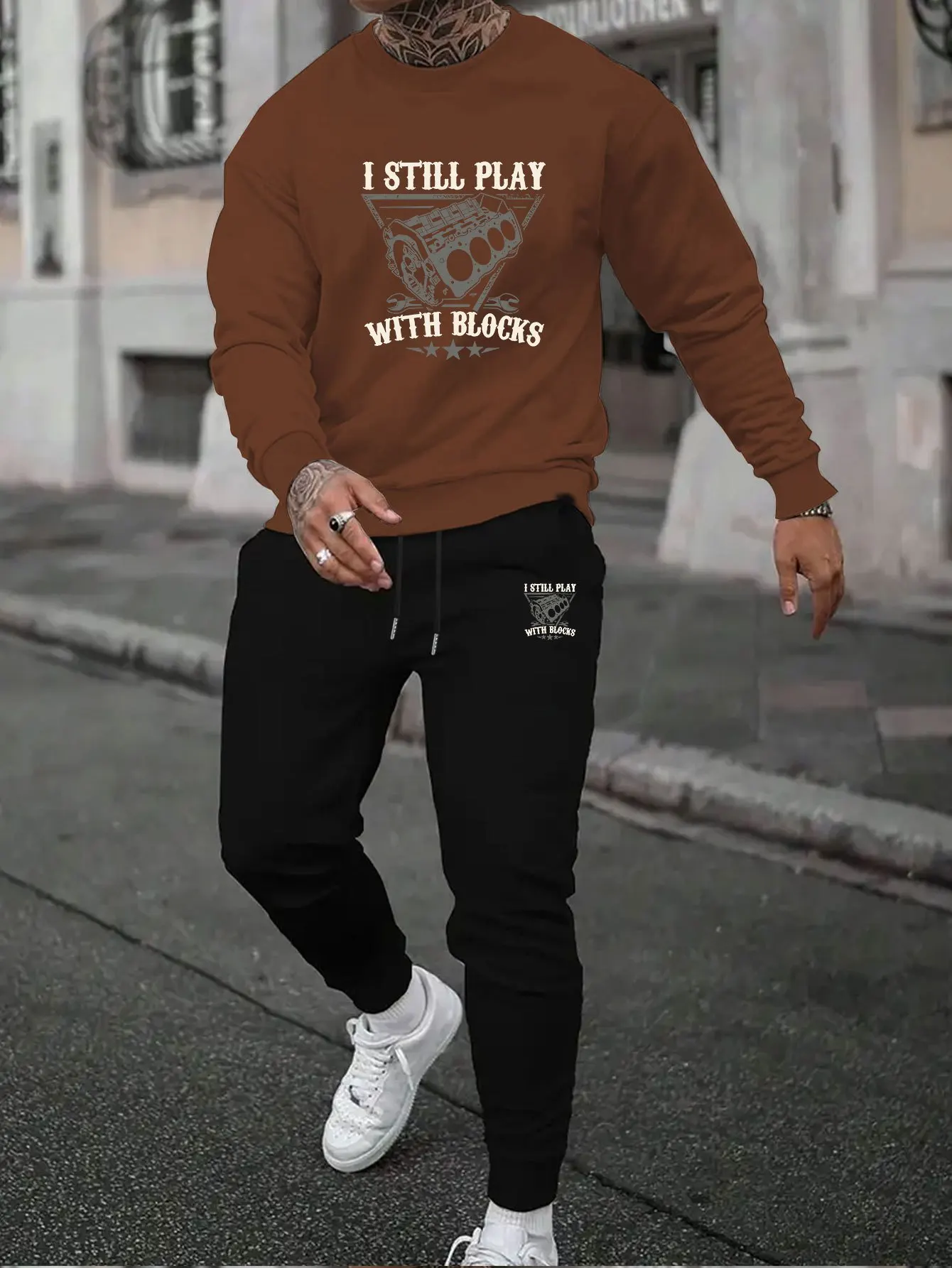 

Осенне-зимний мужской спортивный комплект с длинными рукавами I STILL PLAY со блоками и принтом для отдыха, круглый вырез, длинный рукав, быстросохнущий