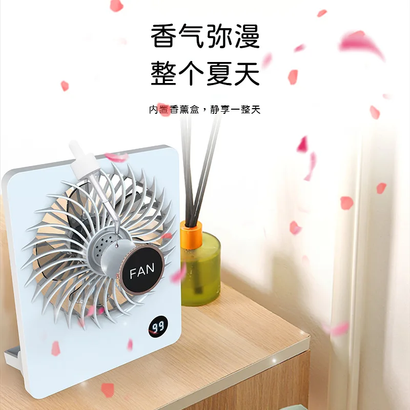 Ventilador de mesa de aromaterapia com display digital mudo, ventilador ultra fino de 5 velocidades com sua própria bateria, pode ser usado ao ar livre, novo, 2024