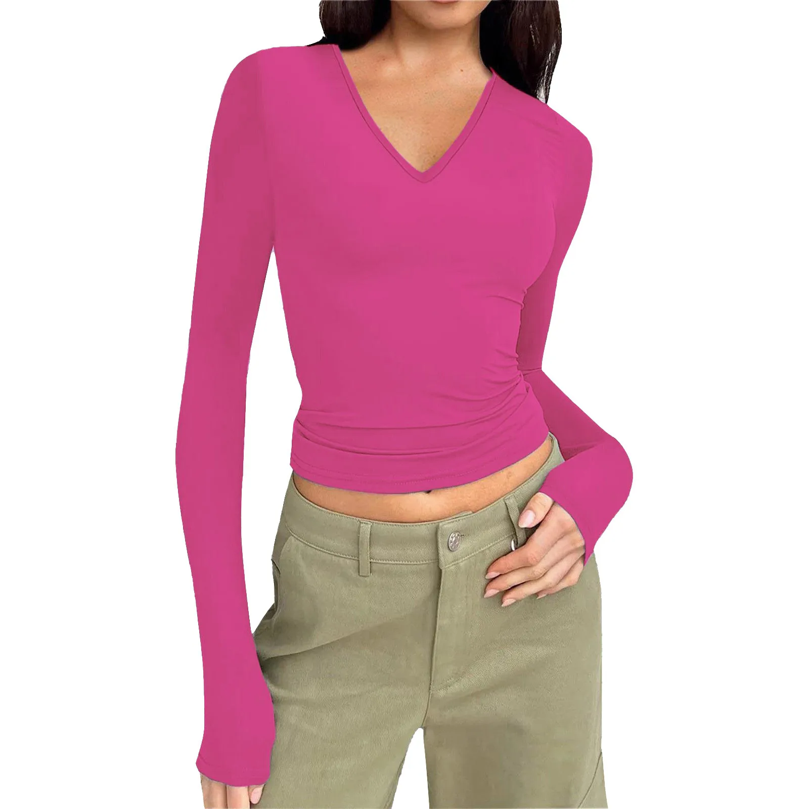 Damen lässig einfarbig V-Ausschnitt Langarm Top Kostüm 2024 modische Slim Fit eng anliegende T-Shirt Kleidung für Frauen