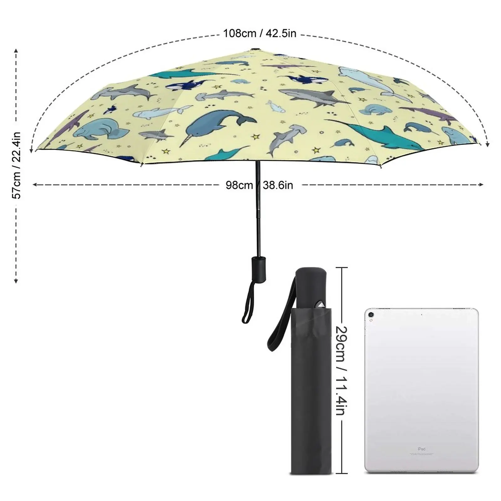 Shark Print Umbrella Ocean in Yellow Automatic Windshield Umbrella Mini Art Home Reinforced Umbrella