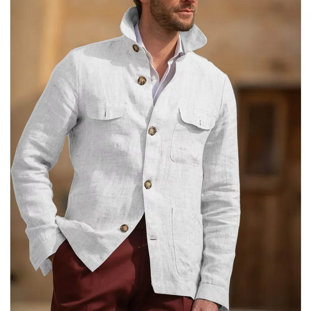 Veste Safari en Lin pour Homme, Col Montant Vintage, Respirante, Multi-Poches, Légère, Blazer Casual