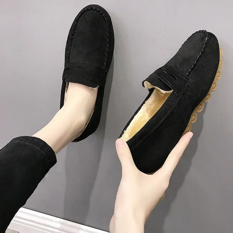 2024 Winter Women Shoes Comfortable Flats Loafers Short Flock Sewing Casual Ladies Non-Slip Bottom Warm Women Oxford Loafers