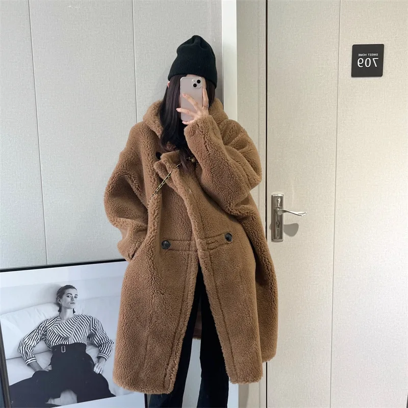 2024 Teddy bear hooded fur one-piece coat for autumn and winter of years, new mid to long style real lamb wool sheep shearing fu