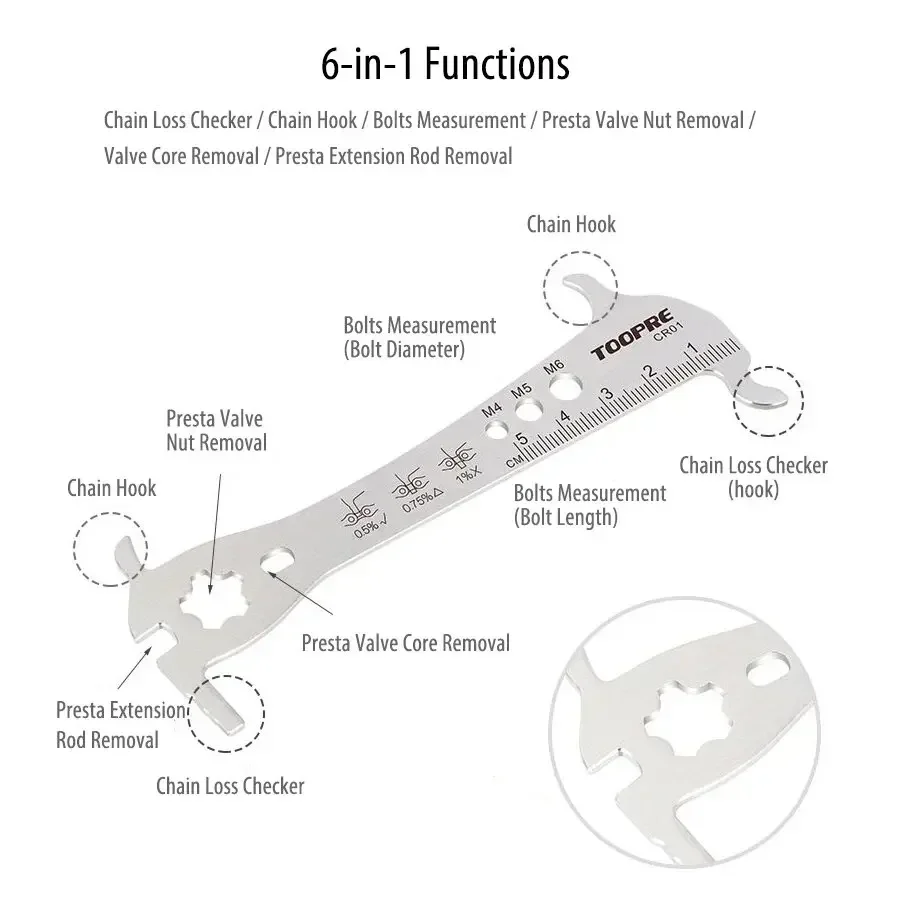 TOOPRE Bike Chain Tool Measure Ruler Multi-function Wear Measurement Screw Diameter Checker Tool Chain Hook Valve Core Removal