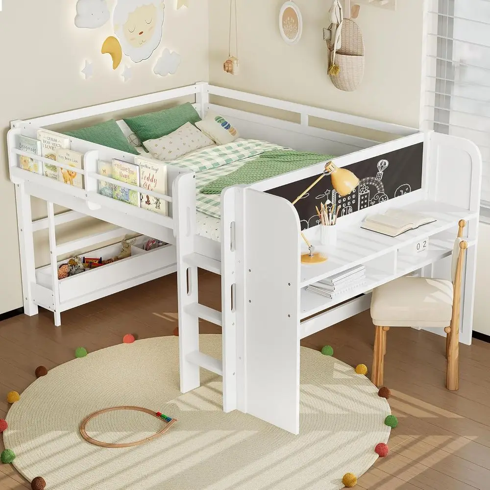 

White Wooden Loft Bed with Desk, Blackboard, Storage, and Ladder - No Box Spring Required