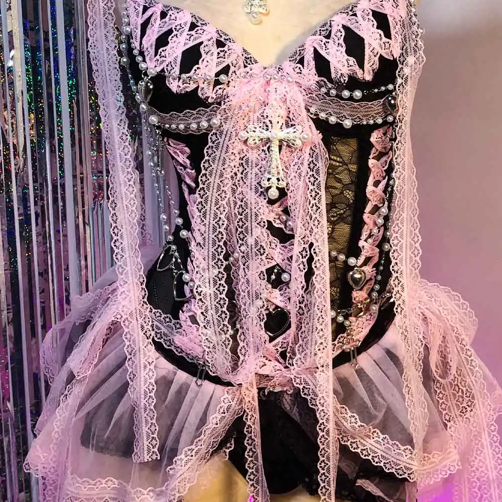 

Cyber Gothic Dress Y2K Lace TOPS Grunge Punk Rock Harajuku Eco DIY Emo Teen Kawaii Club Wear 90s Goth E-Girls Hand Made