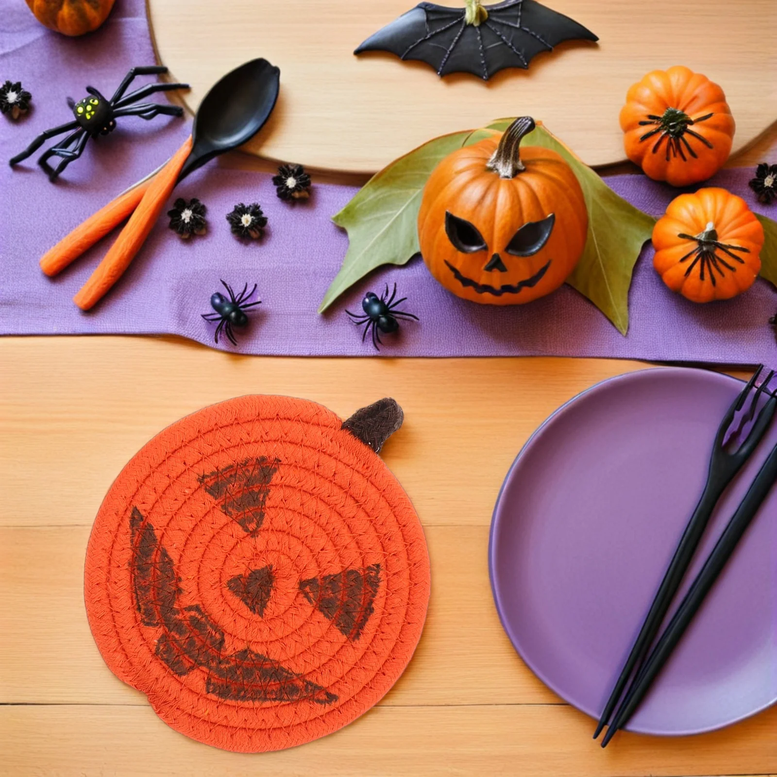 

4Pcs Cotton Rope Pumpkin Coasters Halloween Heat Resistant Woven Coffee Cup Mat Fall Seasonal Tableware Halloween Coasters