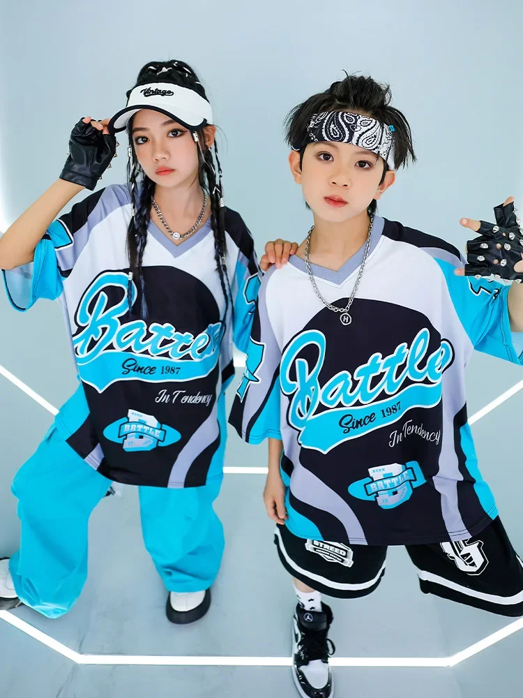 夏子供ルーズブルー Tシャツパンツ黒ショーツ男の子ヒップホップ衣装モダンジャズダンス衣装女の子 Kpop パフォーマンス着用