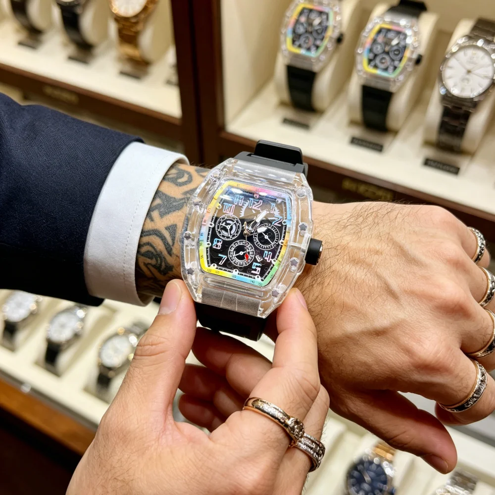 

Men's High-End Barrel-Shaped Transparent Quartz Watch, Trendy Rainbow Dial Waterproof Wristwatch, Light Luxury Hollow-Out Student Sports Versatile Men's Watch, Business Casual Stylish Niche Internet Celebrity Hot-Selling Men's Wristwatch, Daily Commute Gi