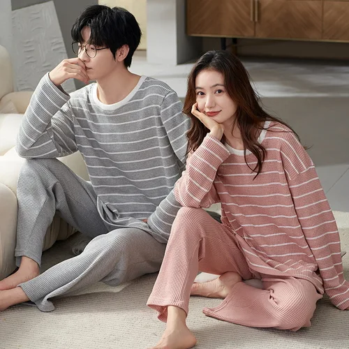 커플용 긴팔 잠옷, 용수철 면 파자마 세트, 프린트 바지, 홈웨어, 와플 의류, 잠옷, 연인 잠옷, 가을 