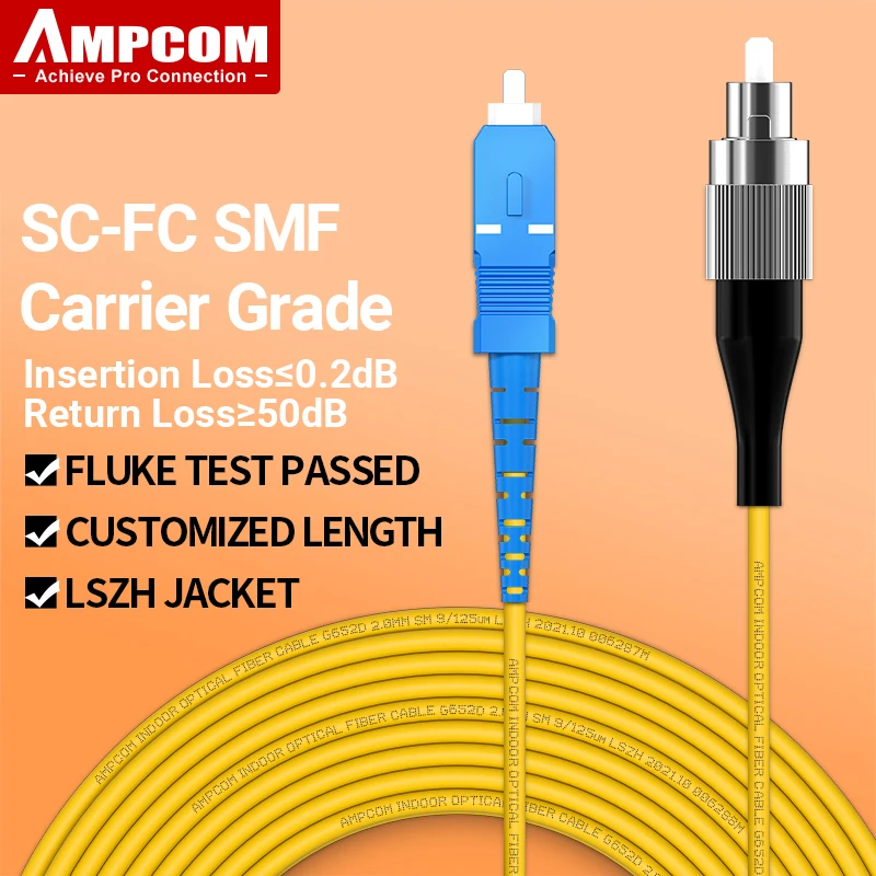 AMPCOM SC-FC UPC 광섬유 패치 케이블, 싱글 모드 단면 SMF 9/125μm 단일 모드 굽힘 무감도 2.0mm 광섬유 코드