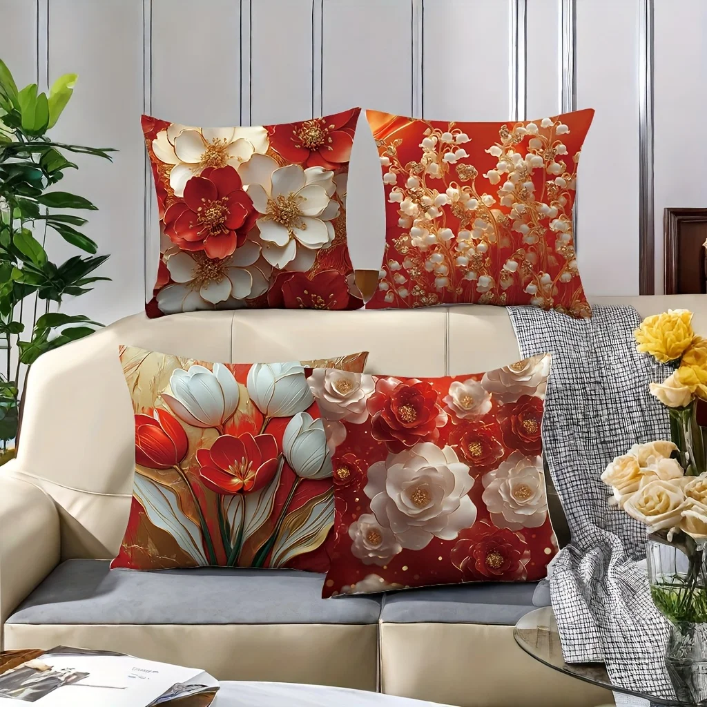 

4-х шт. роскошные наволочки с цветочным принтом — элегантный красно-белый дизайн, идеально подходят для праздничного декора гостиной и декоративных подушек