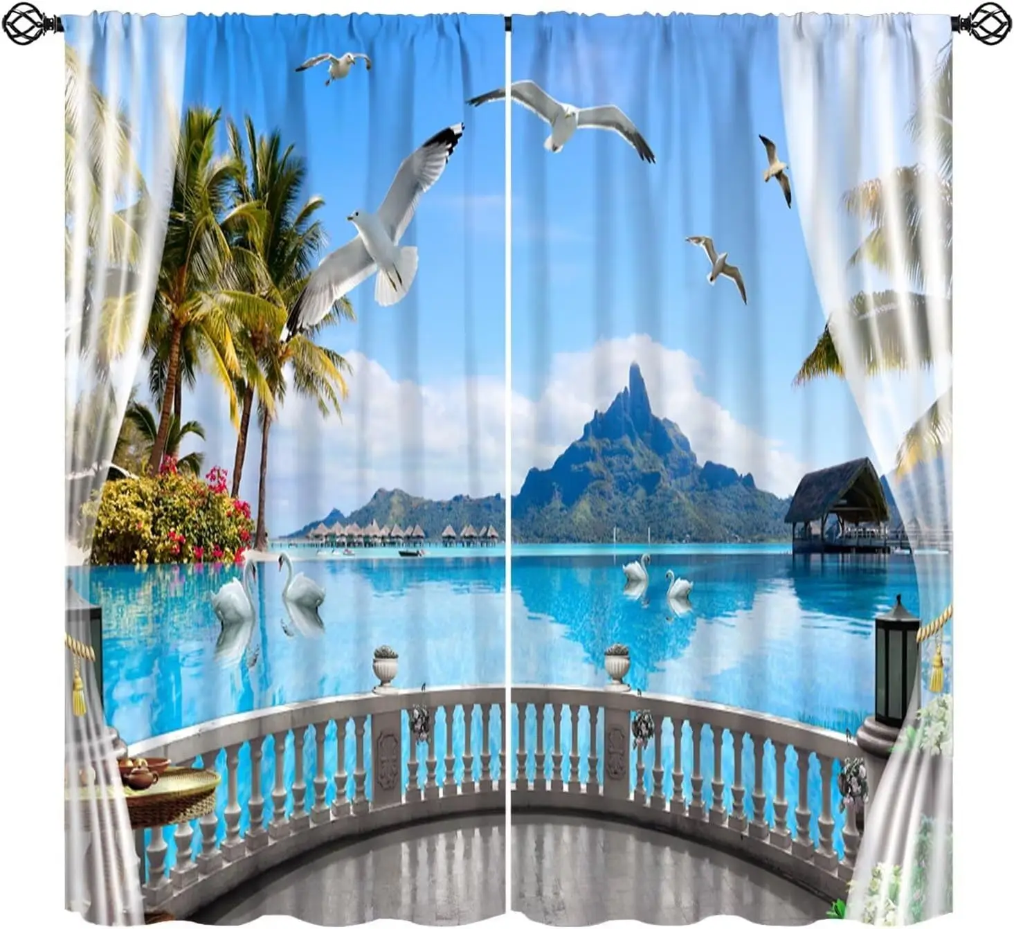 Tropical Balcony Ocean Landscape Curtains,Palm Seagull Swan Overwater Hut Mountain Blue Sea Print Drapes for Living Room Balcony