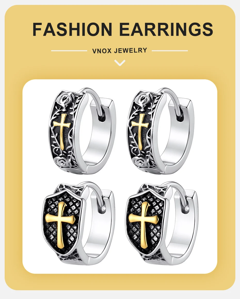 Vnox Kupfer-Schutz Rosenkreuz Huggie Hoop Ohrringe für Männer, Punk Hip Hop Gothic Zweifarbiger Ohrschmuck Religiöser Schmuck Geschenk – Detail 1