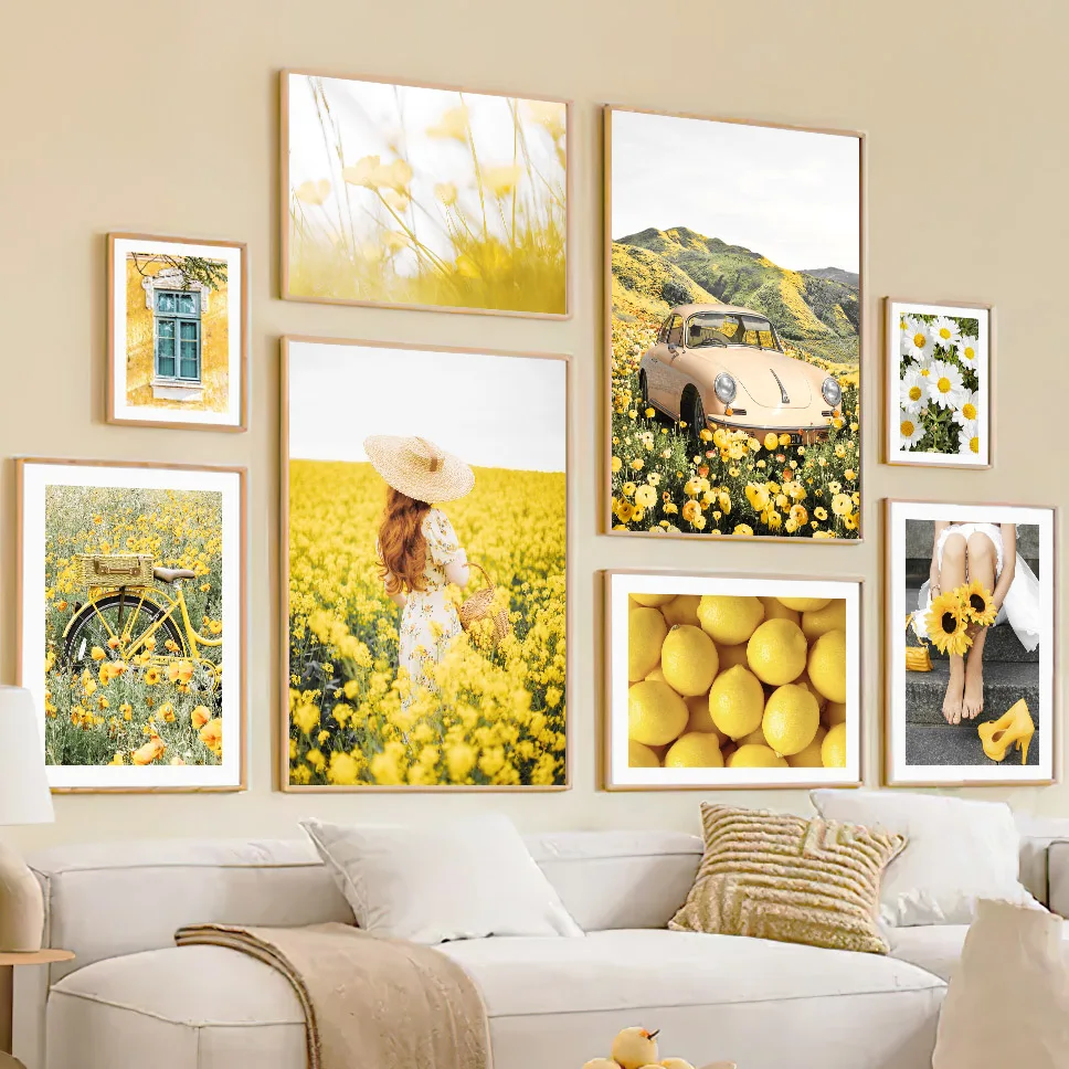 Wall Art Canvas Painting Sunflower Lemon Farmhouse Car Spring Nature Landscape Yellow Posters Picture For Living Room Home De