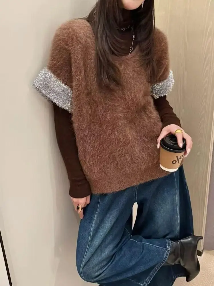 سترة محبوكة رقيق بأكمام قصيرة ملابس مكدسة ريترو راقية وسترة خريف وشتاء 2025