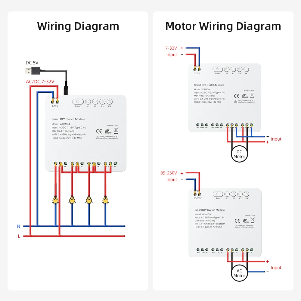 MIUCDA Tuya Smart 4 Channel Dry contact Switch  Module 7-32V/85-250V Supports  Compatible with Alexa Google Home