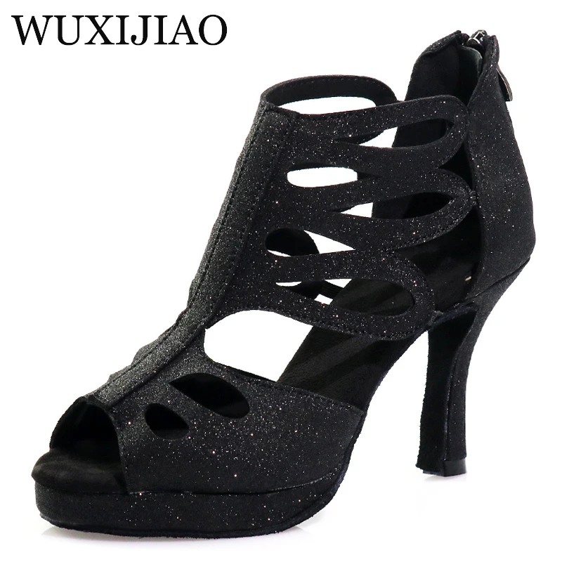 WUXIJIAO New High Top Dance Shoes White Black Glitter Cloth Ladies High Heels Salsa Ballroom Dance Shoes Girls Salsa Dance Shoes